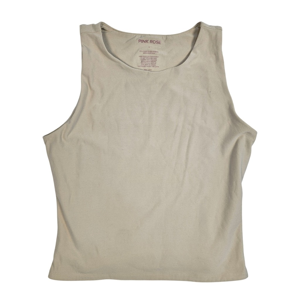 Pink Rose Beige High Neck Sleeveless Tank Top Size Large Stretch Minimalist Base
